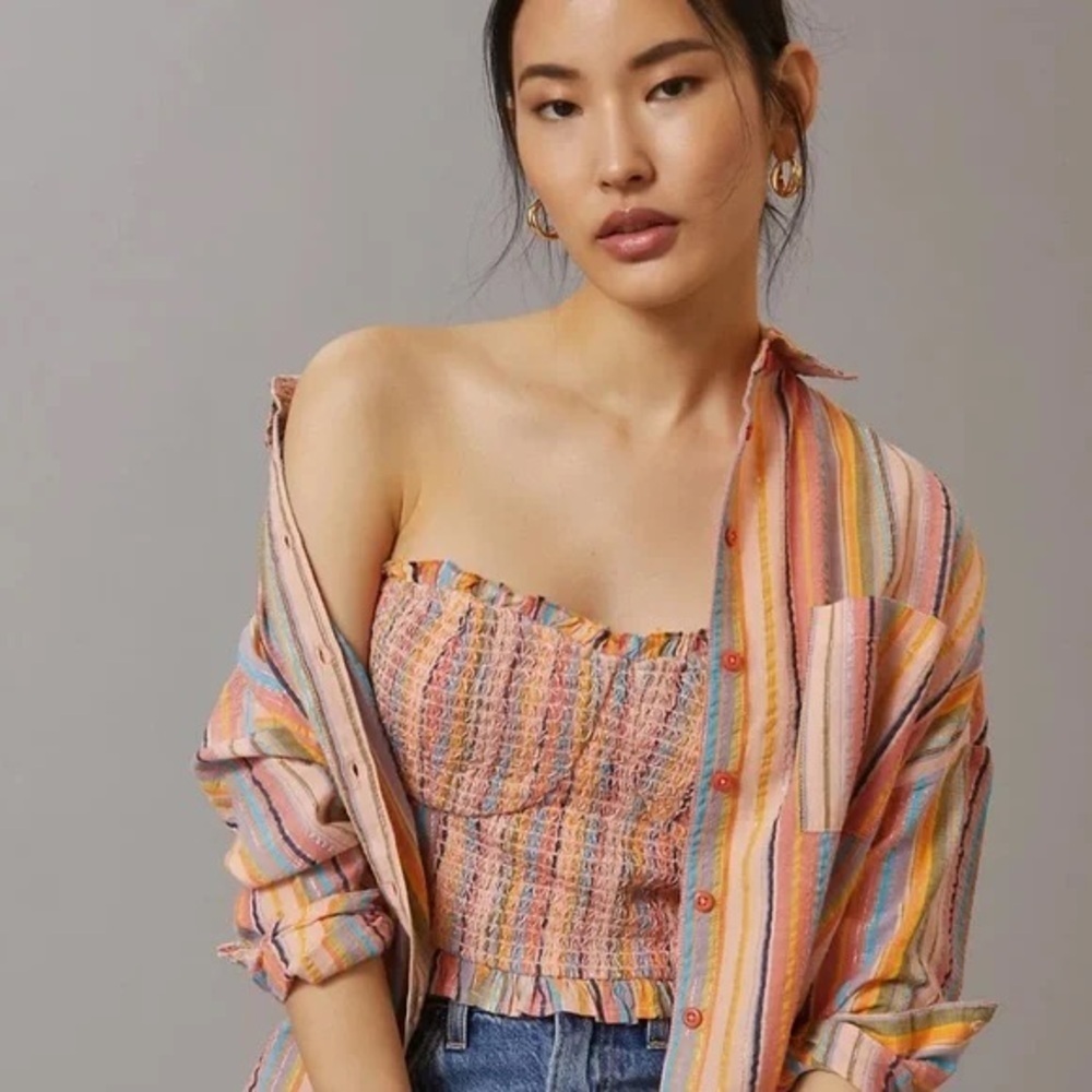 NWT Anthropologie Rainbow Smocked Sparkly Tube Top Shirt Blouse Small XL